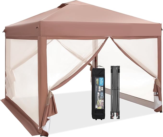 MFSTUDIO 10'x10' Pop Up Canopy Tent with Netting, Portable Instant Folding Canopy, Outdoor Canopy Screen Event Tent with 4 Zippered Mesh Netting for Garden, Brown