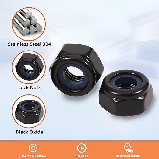 MewuDecor 1/4-20 Nylon Insert Hex Lock Nuts Locknuts, 304 Stainless Steel 18-8, Black Oxide, 25 PCS