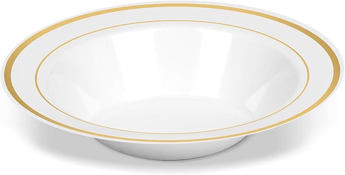 100 Disposable White Gold Trim Plastic Soup Bowls | 14 oz. Premium Heavy Duty Disposable Dinnerware with Real China Design | Safe & Reusable and Great for Parties or Weddings. (50-Pack) Gold