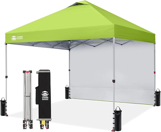 CROWN SHADES 10x10 Pop Up Canopy with 1 Side Wall - Beach Tent with One Push Setup - Outdoor Sun Shade for Events, Parties, Camping - Gazebo with STO-N-Go Cover Bag (Green)