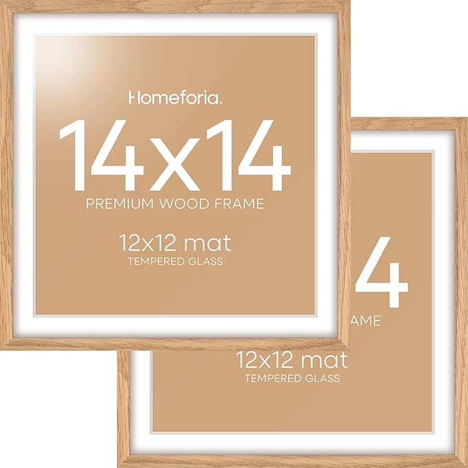 Homeforia Wood Square Frame 14x14, High End Natural Oak 14 x 14 Light Wooden Picture Frames with Mat 12 by 12 inch Photo, 14by14 Poster Frames Matted to 12x12 Print, Tempered Glass, Wall Kit, Set of 2