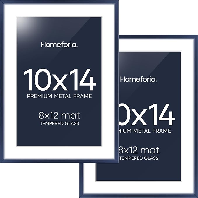 Homeforia 10x14 Picture Frame Navy Blue, High End Metal 10x14 Wall Hanging Frame with Mat 8x12, 10 x 14 Poster Frame Matted to 8 x 12 inch Photo, 10by14 Thin Frames, Tempered Glass, Wall Kit, Set of 2