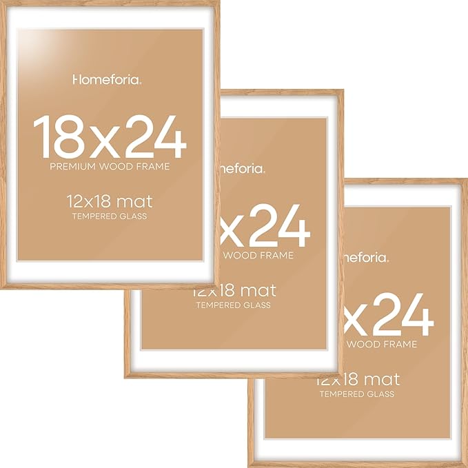 Homeforia 18x24 Poster Frame Wood, High End Natural Oak 18x24 Light Wooden Picture Frame with Mat 16x20, 18 by 24 Frames Matted to 16 x 20 Photo, 24by18 Thin Frames, Tempered Glass, Wall Kit, Set of 3