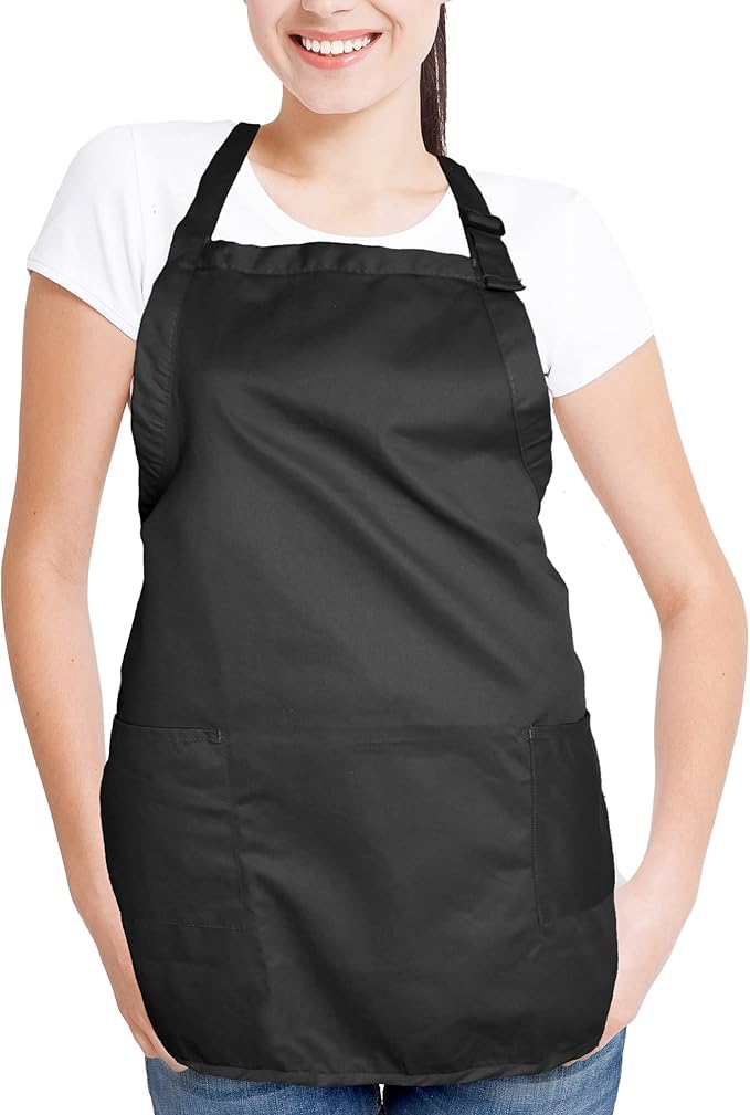 DALIX Apron Commercial Restaurant Home Bib Spun Poly Cotton Kitchen Aprons (2 Pockets) in Black 2 Pack
