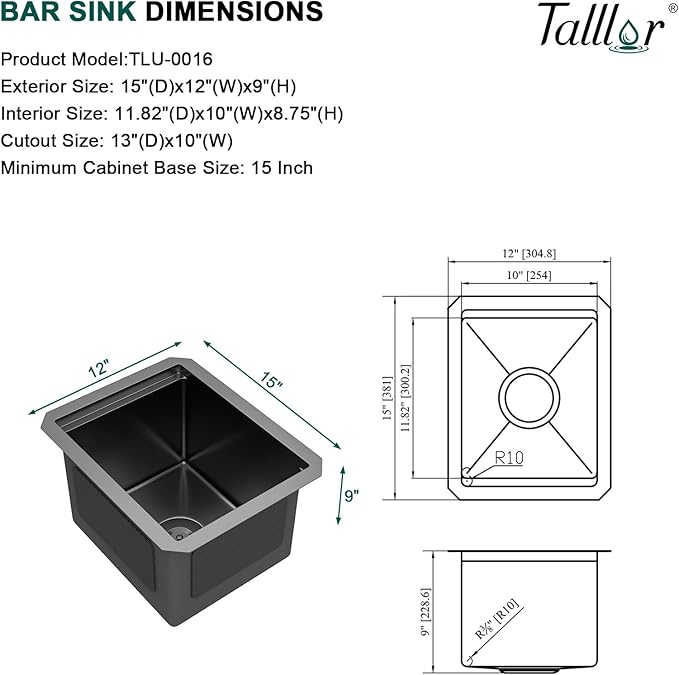 Undermount Bar Sink - 12 Inch Workstation Gunmetal Black Bar Sink Stainless Steel 16 Gauge Single Bowl Under Counter Small Wet Prep Sinks with Cutting Board #TLU-0016