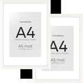 Homeforia A4 Picture Frame White Wood, High-End Oak 8.3 x 11.7 White Poster Frames Matted to 5.8 by 8.3 Photo, 8.3x11.7 Size Wooden Frame with Mat for 5.8x8.3 Print, Tempered Glass, Wall Kit, Set of 2