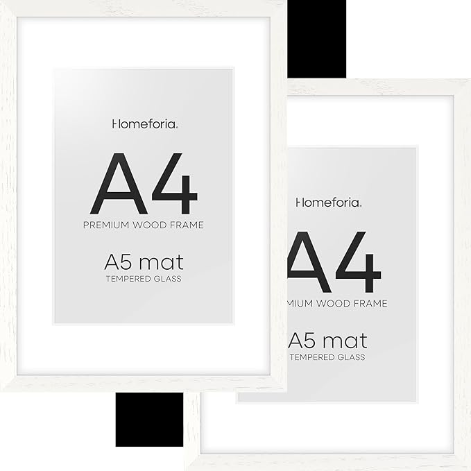 Homeforia A4 Picture Frame White Wood, High-End Oak 8.3 x 11.7 White Poster Frames Matted to 5.8 by 8.3 Photo, 8.3x11.7 Size Wooden Frame with Mat for 5.8x8.3 Print, Tempered Glass, Wall Kit, Set of 2