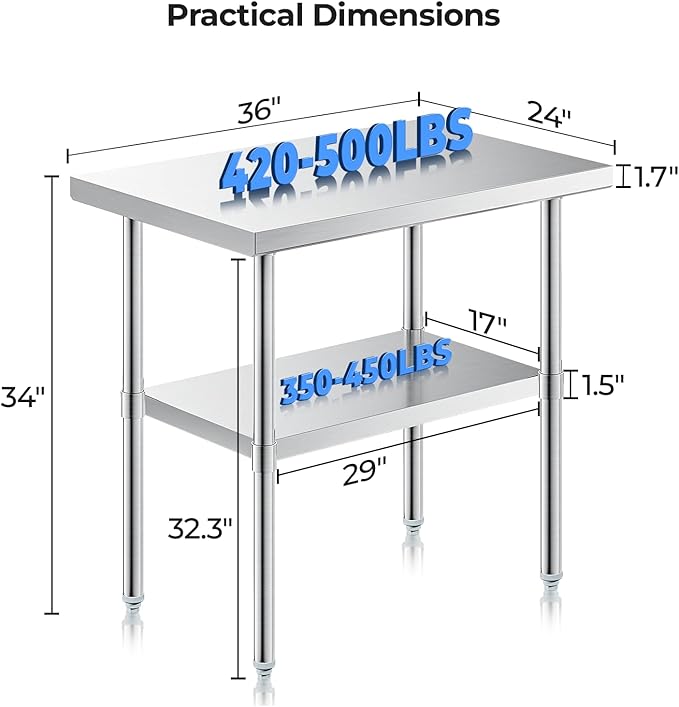 NUUK Stainless Steel Work Table 24" x 36", Commercial Kitchen Food Prep Table with Adjustable Height, Metal Countertop Utility Worktable for Restaurant, Home and Hotel