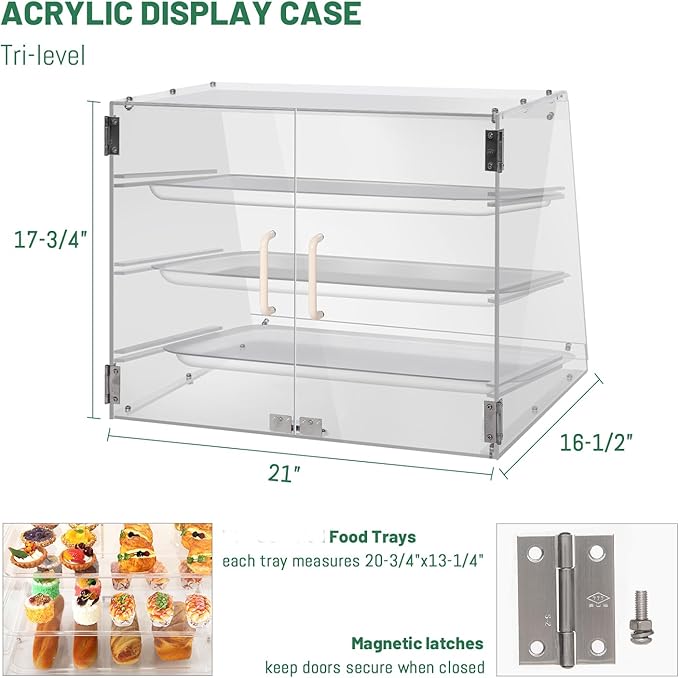 YBSVO 3-Tier Commercial Bakery Display Case - 21-Inch Countertop Pastry & Dessert Showcase with Slanted Front, Removable Trays & Magnetic Back Doors, Clear Acrylic for Bakeries, Cafes, Markets