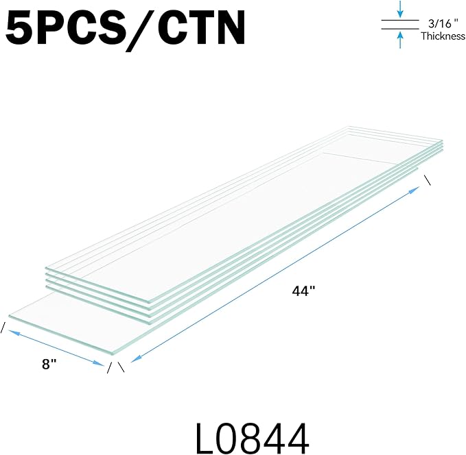 Floating Shelves - Pack of 5 Tempered Glass Shelves, 8" W x 44" L, 3/16" Thick, Polished Edges-– Rectangular Replacement Shelves for Cabinets, Display Cases & Retail Fixtures