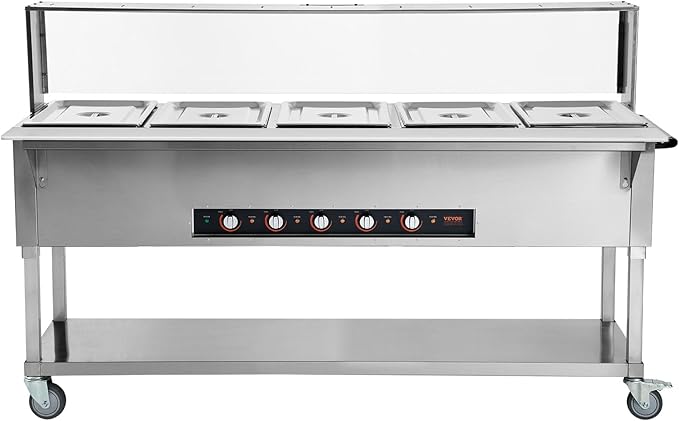 VEVOR 5-Pan Commercial Food Warmer, 5 x 20.6QT Electric Steam Table, 3750W Professional Buffet Catering Food Warmer with Acrylic Sneeze Guard, Food Grade Stainless Steel Server for Party Restaurant