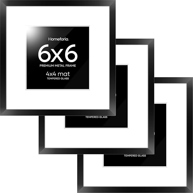 Homeforia 6x6 Black Picture Frame, High End Metal 6 x 6 Square Photo Frames with Mat 4 by 4, 6x6 Poster Frame Matted to 4x4 inch Print, 6by6 Wall or Tabletop Frames, Tempered Glass, Wall Kit, Set of 3