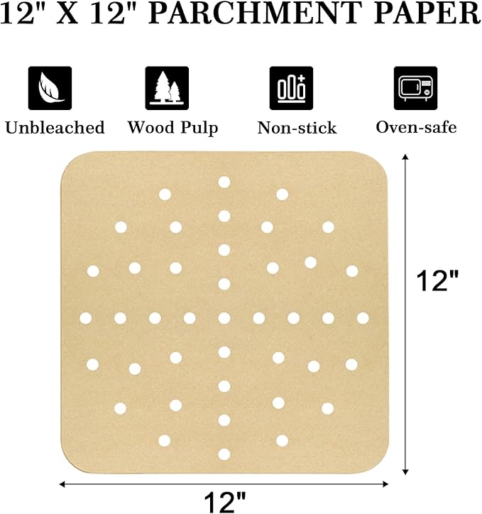 GOAUS Parchment Paper Sheets 12 x 12 Inch, Square Disposable Liners 125 pcs for Air Fryer Toaster Oven, Unbleached Baking Paper Fit Ninja SP, Cuisinart, Breville, Instant
