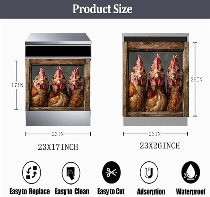 Country Rooster Dishwasher Magnet Cover, Farm Hen Dishwasher Cover for Kitchen Decoration, Chicken Magnetic Refrigerator Magnet Cover Funny Fridge Decal, 23"X17"