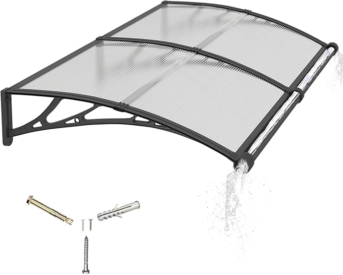 Awning for Door Entrance with Drainage Sink,32x60 Inch Awnings for Doors,Window Canopy Exterior with Plastic Steel Bracket,Polycarbonate Cover,UV,Rain,Snow Protection for House,Porch,Patio,Deck