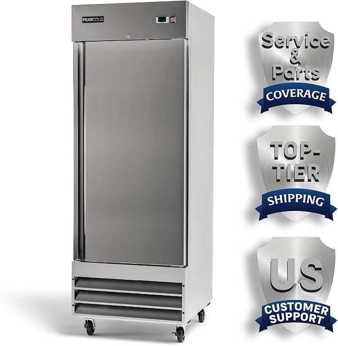 PEAKCOLD Single Door Commercial Refrigerator - 23 Cubic Ft, 29" Wide Stainless Steel Reach-In Commercial Refrigerator with White Internal Lighting - Freestanding Industrial Fridge