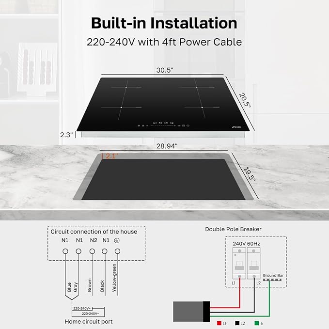 ThermoMate 30 Inch Induction Cooktop, 7200W Built in Induction Stove Top, Electric Cooktop with 4 Boost Burner, 9 Heating Level, Timer & Child Safety Lock, Sensor Touch Control, 240V