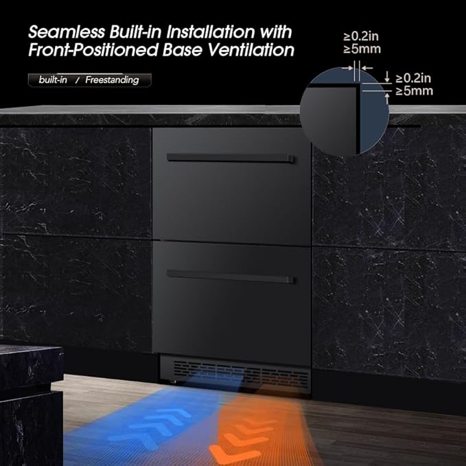 24' mini fridge Under Counter Double Drawer Beverage Refrigerator, Indoor & Outdoor Fridge for Patio, Kitchen & Bar, Weatherproof, Black