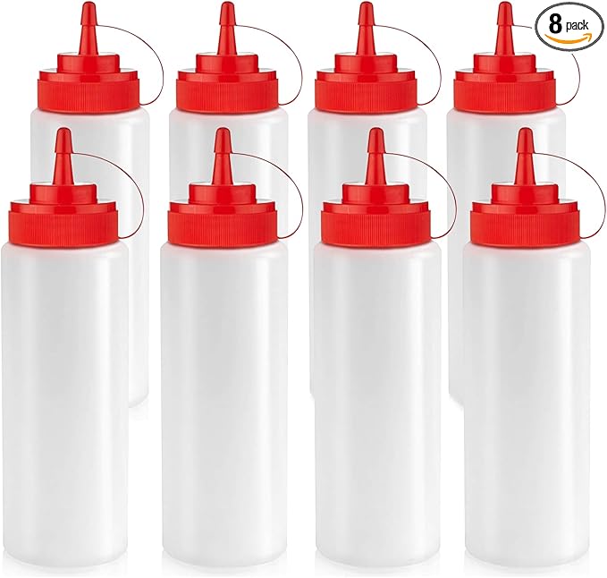 Norcalway Condiment Squeeze Bottles for Liquids - 8 OZ 8 Pack Squeeze Bottle | BPA Free Plastic Condiment Bottles for Syrup, Ketchup, Sauces, Dressing, Oil, Honey | Squirt Bottles for Liquids