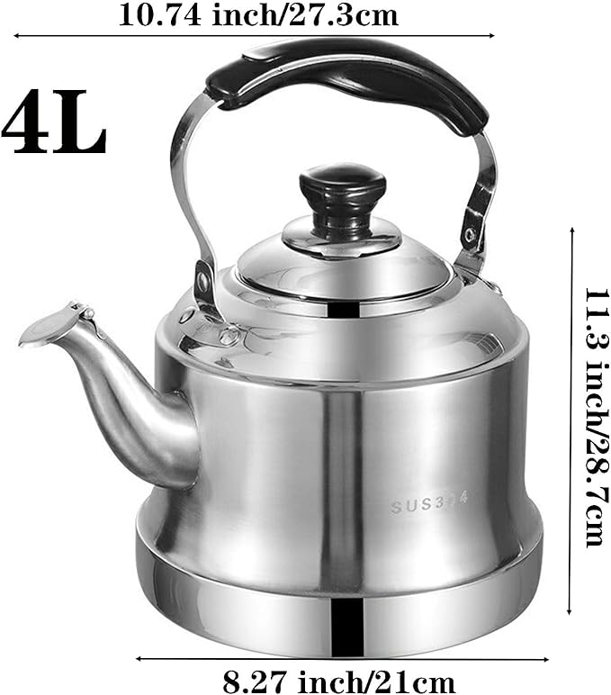 Tea kettle, 4.2 Quart Food Grade 304 Stainless Steel Tea Kettle for Stove top Whistling Teapot with Cool Touch Ergonomic Handle, Suitable for All Heat Sources(4L)