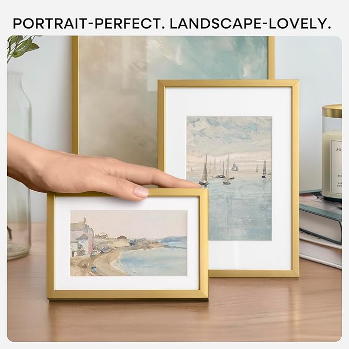 Homeforia 6x9 Picture Frame Gold, High End Metal 6 x 9 Frames with Mat 4 by 6 for Print, Photo Frame 6x9 Gold Matted to 4x6 inches Art, 6by9 Wall or Tabletop Frames, Tempered Glass, Wall Kit, Set of 2