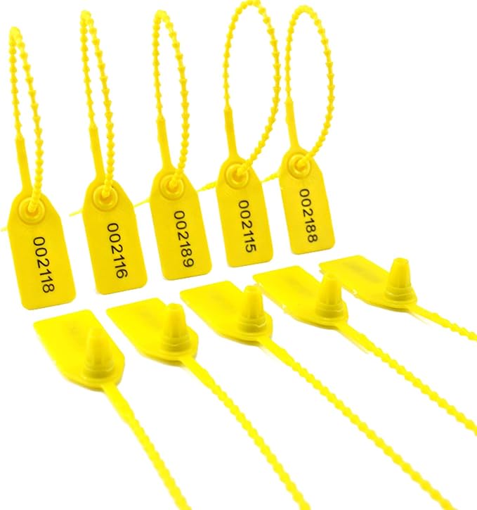 100 Plastic Tamper Seals, Zip Ties for Fire Extinguishers Pull Tite Security Tags Numbered Disposable Self-Locking Tie 250mm Length (Yellow)