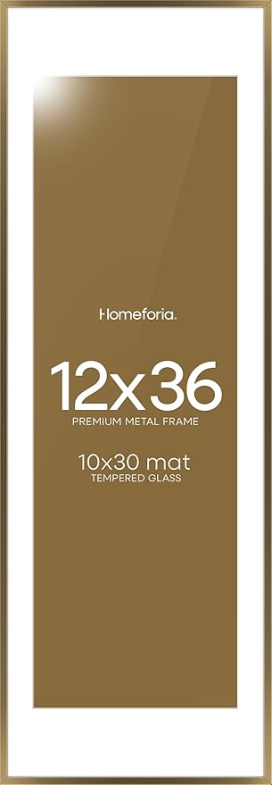 Homeforia 12x36 Picture Frame Bronze, High End Metal 12by36 Brass Poster Frames with Mat 10x30 Photo, 12 x 36 Panoramic Frames Matted to 10 by 30 Art, 36by12 Frames, Tempered Glass, Wall Kit, Set of 1