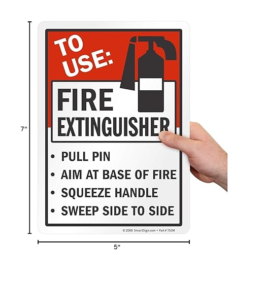 SmartSign 7"x5" "To Use Fire Extinguisher - Pull Pin, Aim at Fire, Squeeze Handle, Sweep' Sticker Label with Symbol, 3 mil Laminated Adhesive Polyester, Red/Black/White, USA-Made