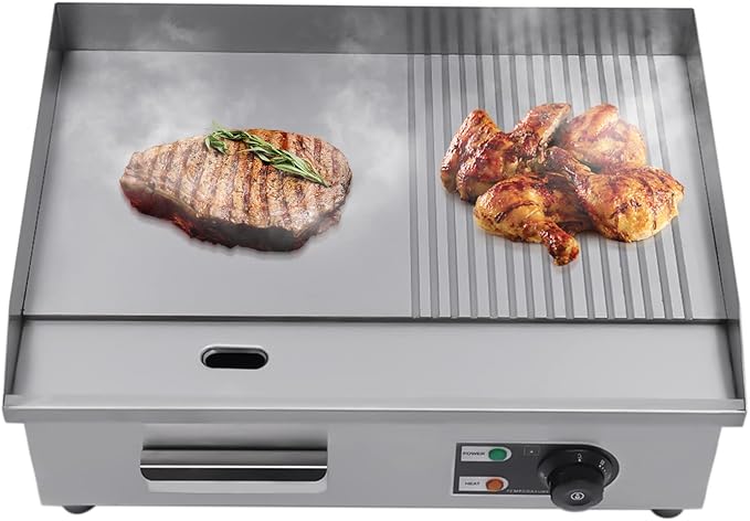 22" Electric Countertop Flat Top Griddle, 1600W Commercial Electric Griddle, Stainless Steel Teppanyaki Grill with Temp Control 122°F-572°F, Countertop BBQ Grill for Home Restaurant