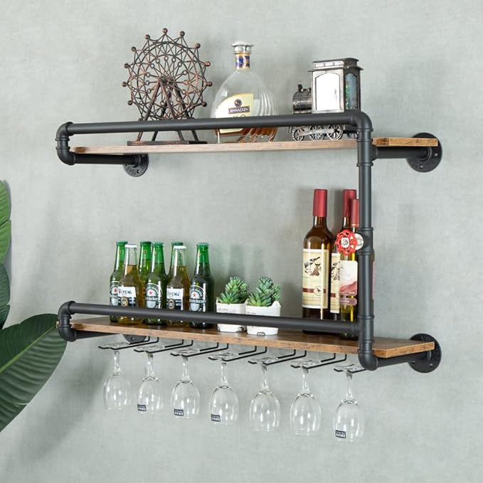 Wine Rack Wall Mounted 2 Tier, Hanging Floating Bar Liquor Shelves with Glass Holder Storage Under, Industrial Rustic Pipe Farmhouse Kitchen Decor Black(35.4x10.6x19.7)