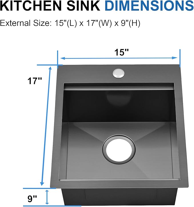 Scamall 15x17x9 Drop In Kitchen Sink Workstation, Nano Black 304 Stainless Steel Deep Single Bowl with Quick Drainage & Tarnish-Free Surface for Bar, Laundry, RV, Includes Accessories