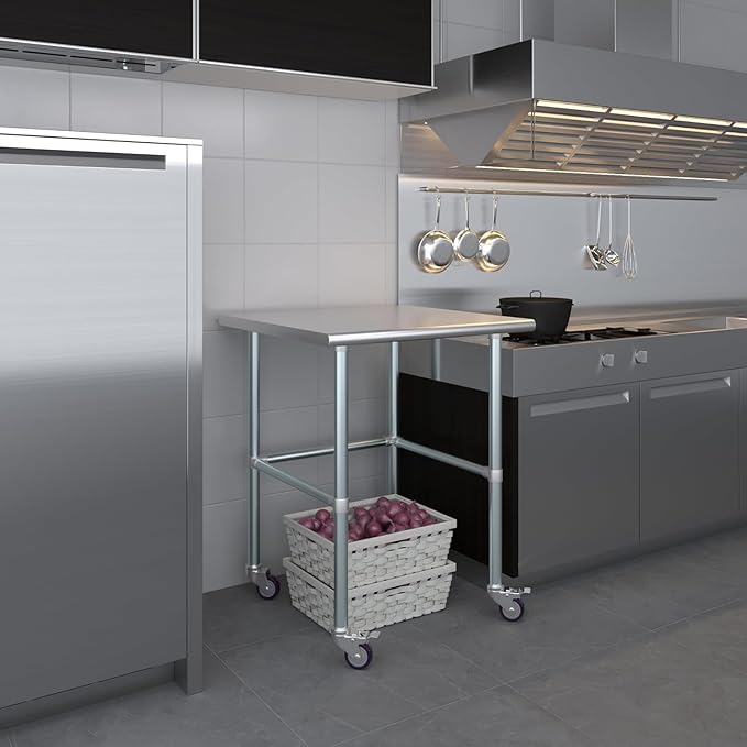 Stainless Steel Work Table Open Base & Wheels | Work Station | Metal Work Bench (Stainless Steel Work Table Open Base + Casters) (30" Long x 30" Deep)