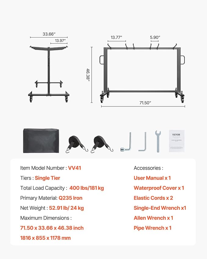 VEVOR Folding Chair Rack, 400 LBS Capacity, Heavy-Duty Chair Cart for 42 Chairs or 12 Tables, Multi-Function Chair Storage Dolly with Rubber Wheels and Holders, Large Chair Holder, Matte Black