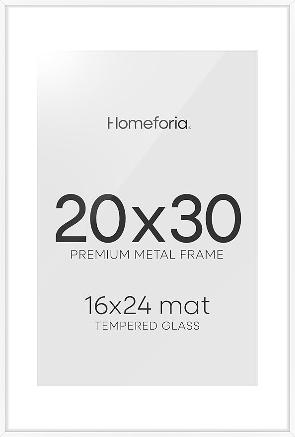 Homeforia 20x30 Poster Frame White, High End Metal 20 x 30 Picture Frames with Mat 16 by 24 inch Photo, 30x20 Large Frame for Wall, 20x30 Thin Frame Matted to 16x24, Tempered Glass, Wall Kit, Set of 1