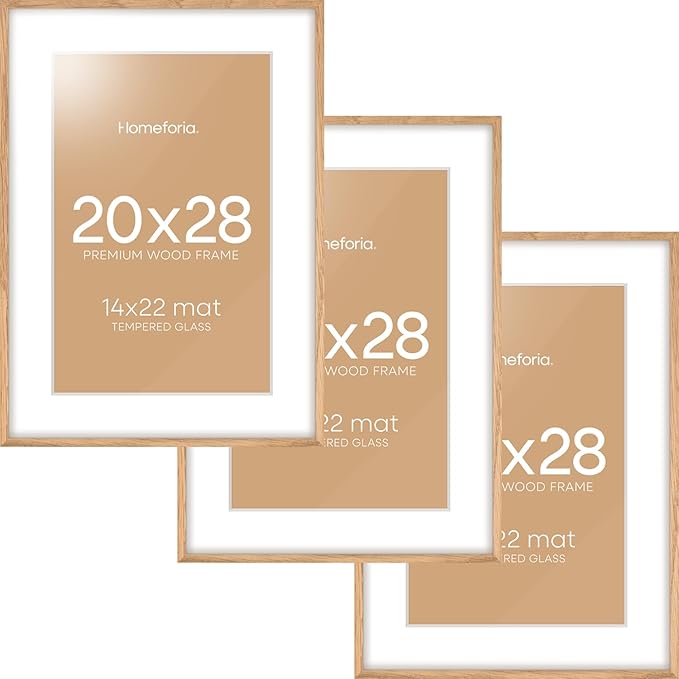 Homeforia 20x28 Picture Frame Wood, High End Natural Oak 20 x 28 Light Wooden Poster Frame with Mat 14 by 22, 20x28 Frames Matted to 14x22 Photo, 28by20 Thin Frames, Tempered Glass, Wall Kit, Set of 3