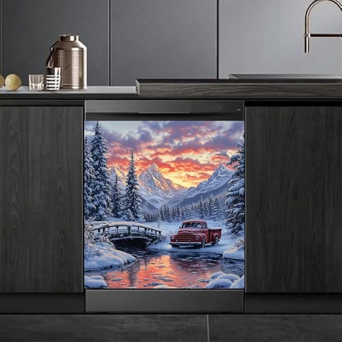 Winter Mountain Landscape with Red Truck Magnetic Dishwasher Cover Vinyl Sticker,Pine Trees Dishwasher Magnet Cover,Fridge Door Cover Magnets Art Skin Panel Decal for Home Decor, 23"X26"