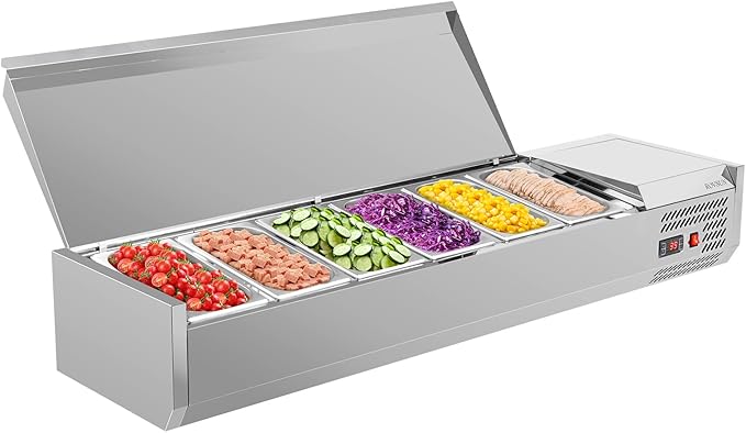 ROVSUN Refrigerated Condiment Prep Station, 59" Sandwich Prep Table ETL NSF, 34.2QT Salad Bar Prep Rail w/Auto Defrost, Temp Control, Stainless Steel Cover & 6 * 1/3 Pan for Restaurant Food Truck