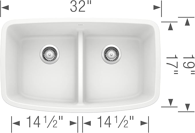 BLANCO, White 442199 VALEA SILGRANIT 50/50 Double Bowl Undermount Kitchen Sink with Low Divide, 32" X 19"