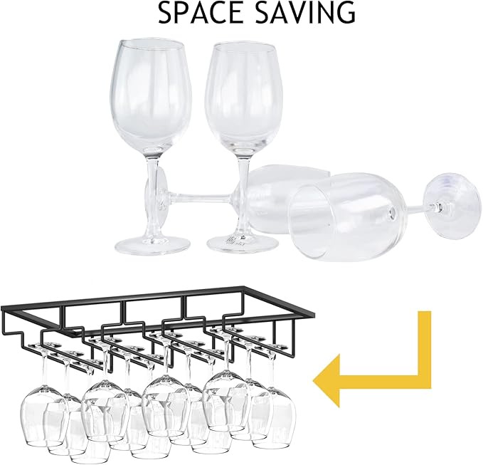 Wine Glass Rack, 2 Pack Under Cabinet Stemware Rack Wine Glass Holder, 4 Rows Black Metal Wine Glass Storage Hanger Under Shelf for Cabinet Kitchen Bar