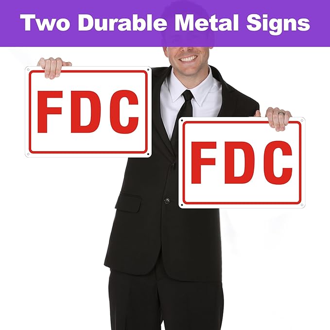 FDC Sign, 2 Pack Outdoor Aluminum Metal Sign, FDC Signs for Fire Department Connection, UV Protected Weather Resistant and Easy to Install (White Color, 10 x 7 inches)