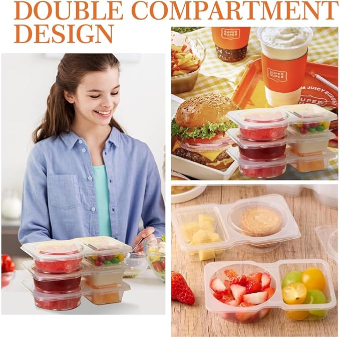 10 Sets Reusable Snack Containers, 2-Compartment Dipping Containers with Lid for Refrigeration, Leak-Proof, Ideal for Take Out Sauces,Portion Control,Meal Prep & Travel