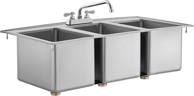Kratos Commercial Restaurant Sink, 10"x14"x10" 16-Gauge Stainless Steel Three-Compartment Drop-In Sink with 10" Swing Spout Faucet (29N-221)