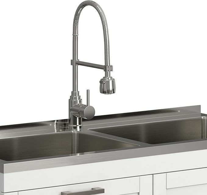 SIMPLIHOME Hennessy All-in-One 46 inch Wide Utility Sink and Laundry Cabinet in Pure White Finish, Transitional Stainless Steel Dual Sink Cabinet for Laundry Rooms with High-Arch Chrome Faucet
