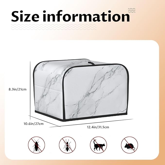 4 Slice Toaster Cover for Kitchen Marble White Gray Waterproof and Dustproof Oxford Fabric Toaster Dust Cover with Side Pockets Decorative Universal Cover for Wide Slot Toasters and Small Appliances