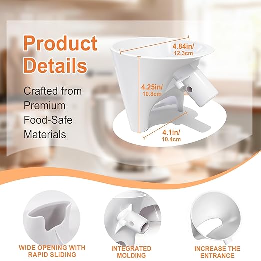 2Pcs White Flour Funnel for Kitchen Aid Mixer, Flour Funnel Accessories for Kitchen Aid Artisan KSM150 5-Quart Tilt-Head Stand Mixer,Plastic Powder Funnels with Easy-Pour, Prevents Spills and Messes