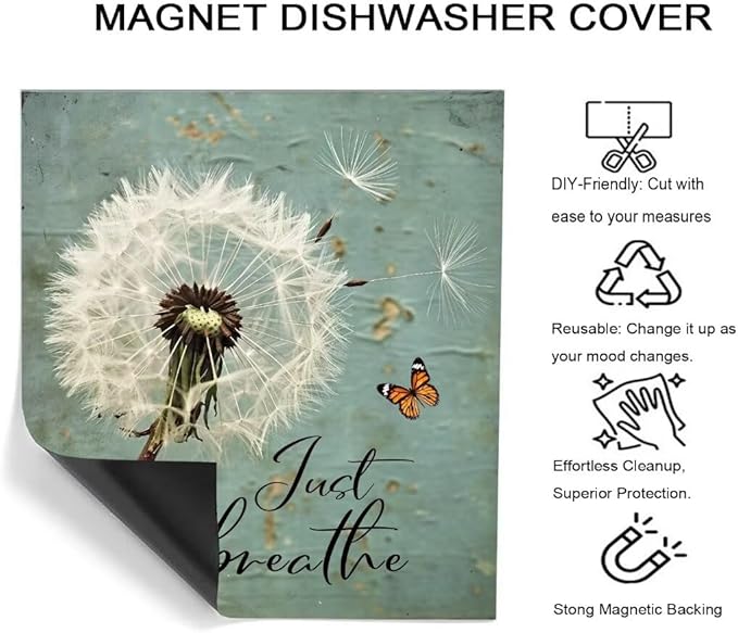 Farm Floral Dandelion Dishwasher Magnet Cover,23"" x 26"" Dishwasher Cover,Retro Countryside Butterfly Magnetic Decal Vinyl Sticker Kitchen Decor Refrigerator Magnets Self Adhesive Wrap, Just Breathe