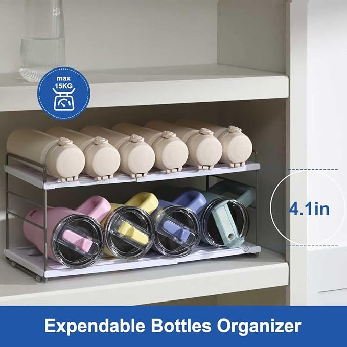 Water Bottle Organizer For Cabinet, Adjustable Tumbler Storage, Expandable 2 Tier Cup Organizer For Kitchen, Water Bottle Shelf Rack Holder For Pantry Countertop Fridge, White