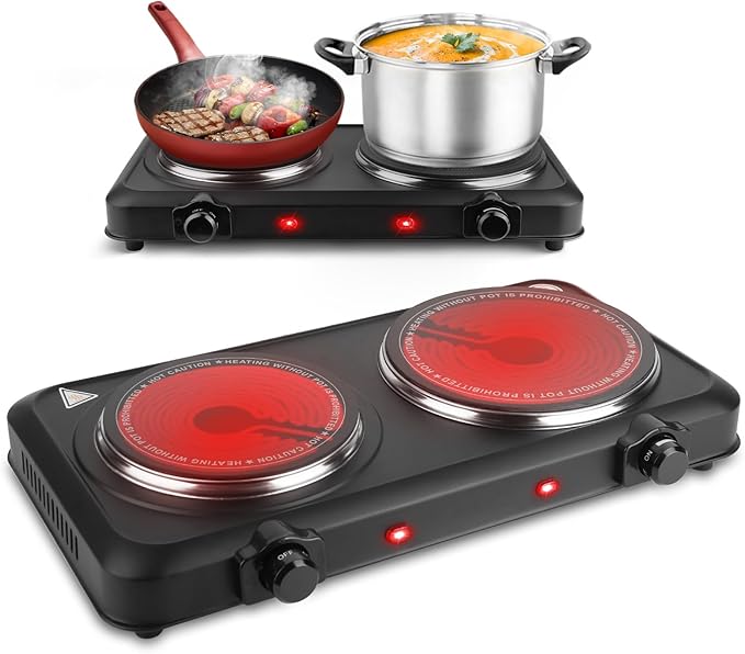 1800W Infrared Double Burner Electric, Portable Hot Plate for Cooking, Countertop Burner with 7.5” & 6.3” Glass Plate Cooktop with Stepless Temperature Adjustments for Kitchen, RV, Dorm