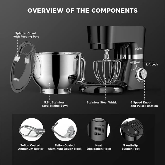 6.5 Quart Electric Mixer, 6+1 Speed 660W Tilt-Head Kitchen Food Mixers with Whisk, Dough Hook, Mixing Beater & Splash Guard for Baking, Cake, Cookie, Kneading, ETL Certified (Black)