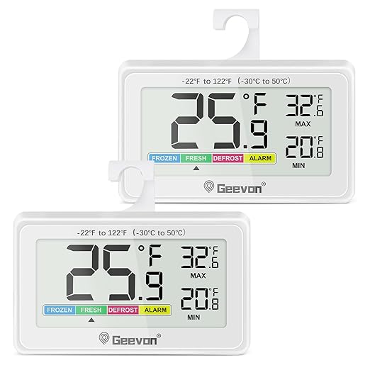 Geevon Digital Refrigerator Thermometer 2 Pack,IP65 Waterproof Fridge and Freeze Thermometer with Magnetic Back Large LCD,Max/Min Record Function for Home,Commercial
